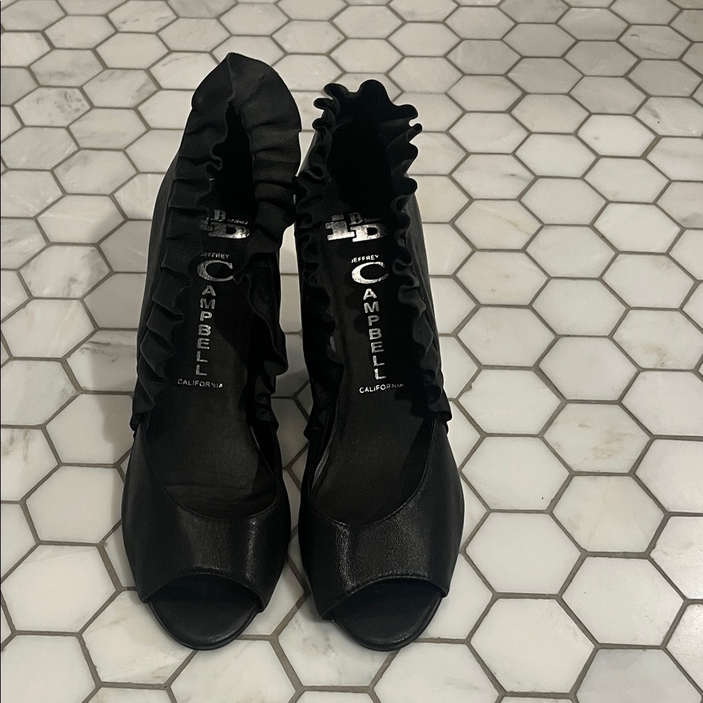 Jeffrey Campbell Black Ruffle Peep-Toe Heels